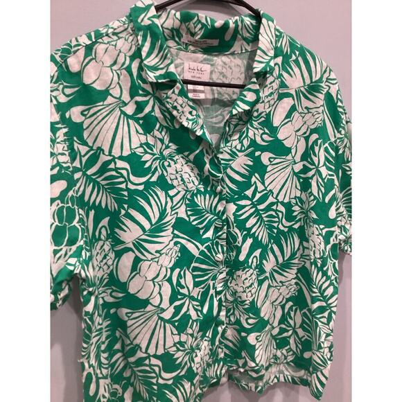 Nicole Miller Womens Linen Shirt L Large Green White Boxy Beachy Resort Tropical - Picture 6 of 9